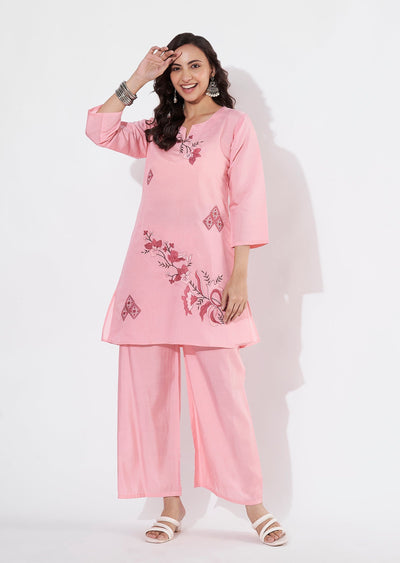 Pink Russian Silk Straight cut Kurti set