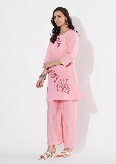 Pink Russian Silk Straight cut Kurti set