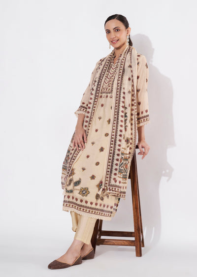 Beige Mul Chanderi Straight cut suit