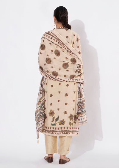 Beige Mul Chanderi Straight cut suit