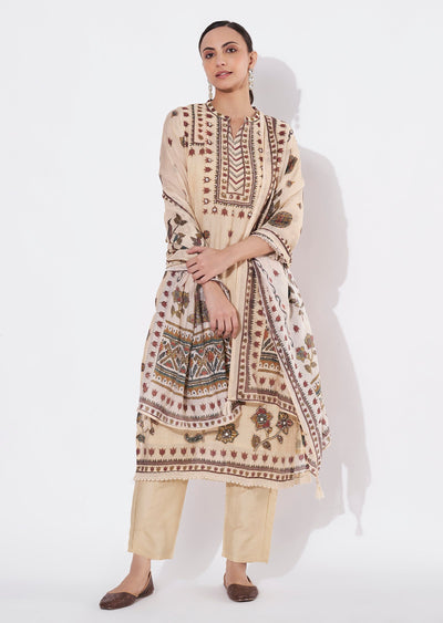 Beige Mul Chanderi Straight cut suit