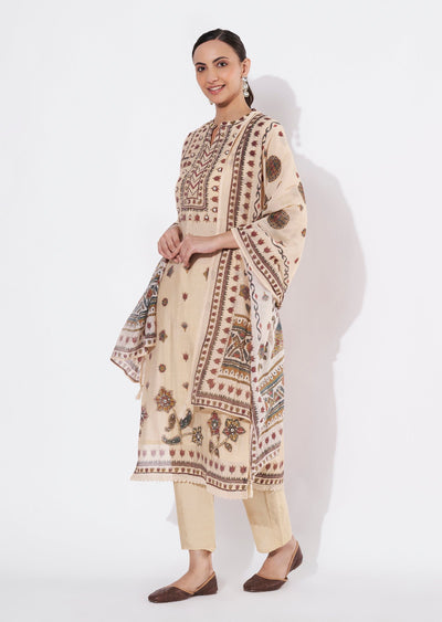Beige Mul Chanderi Straight cut suit