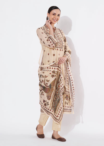 Beige Mul Chanderi Straight cut suit