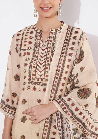 Beige Mul Chanderi Straight cut suit