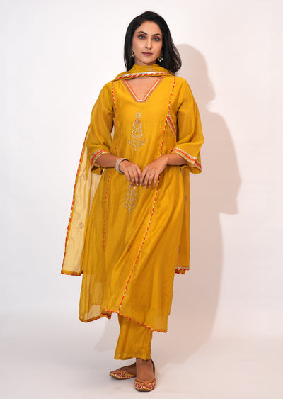 Yellow Mul Chanderi Anarkali suit