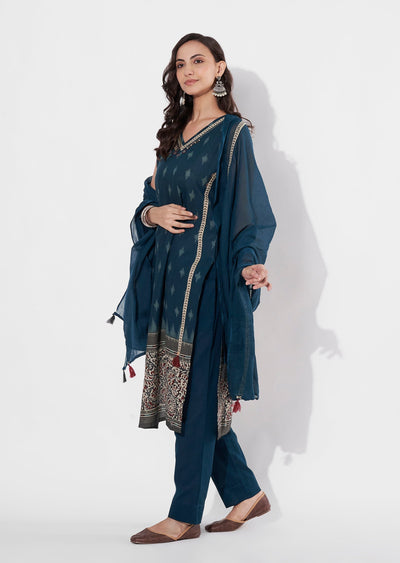 Teal Blue Cotton Straight cut suit