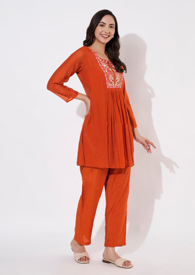 Dark Rust Muslin Short Kurti set