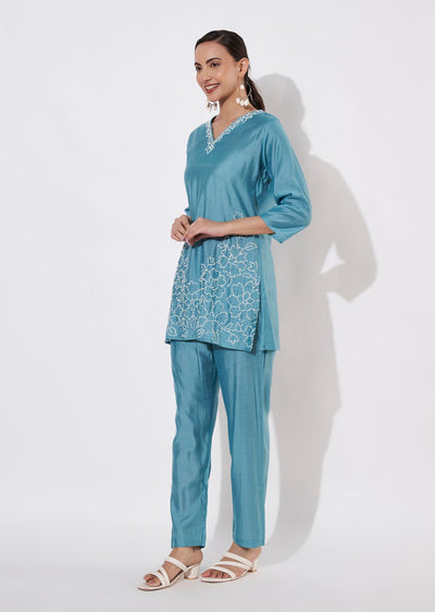 Dusty Blue Mul Chanderi Kurti set