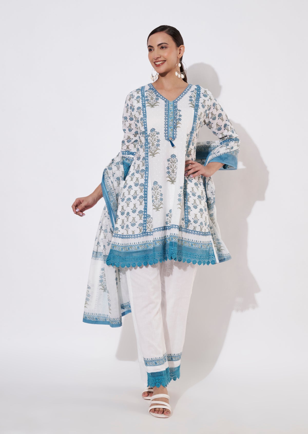 Cream & Blue Cotton Short Anarkali suit