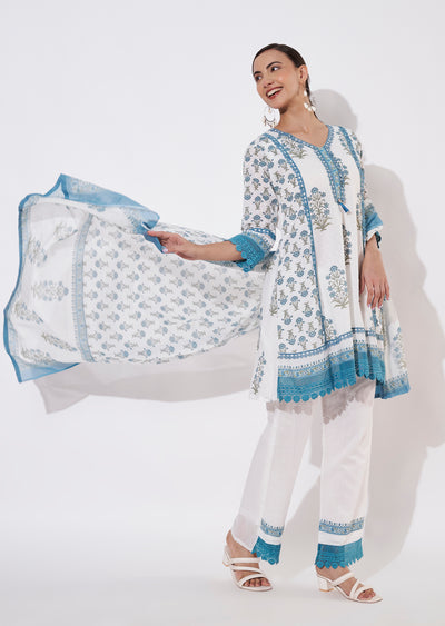 Cream & Blue Cotton Short Anarkali suit
