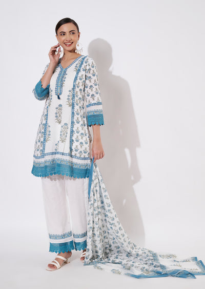 Cream & Blue Cotton Short Anarkali suit