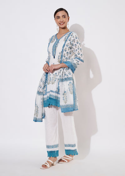 Cream & Blue Cotton Short Anarkali suit