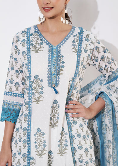 Cream & Blue Cotton Short Anarkali suit