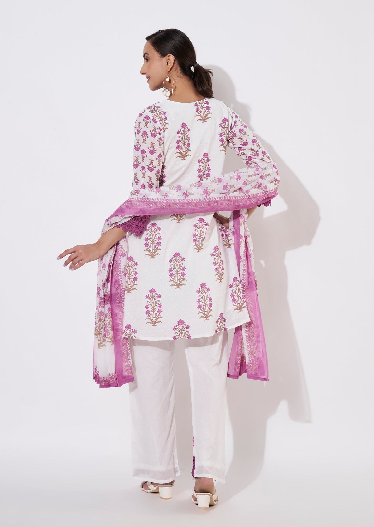 Cream & Mauve Cotton Short Anarkali suit