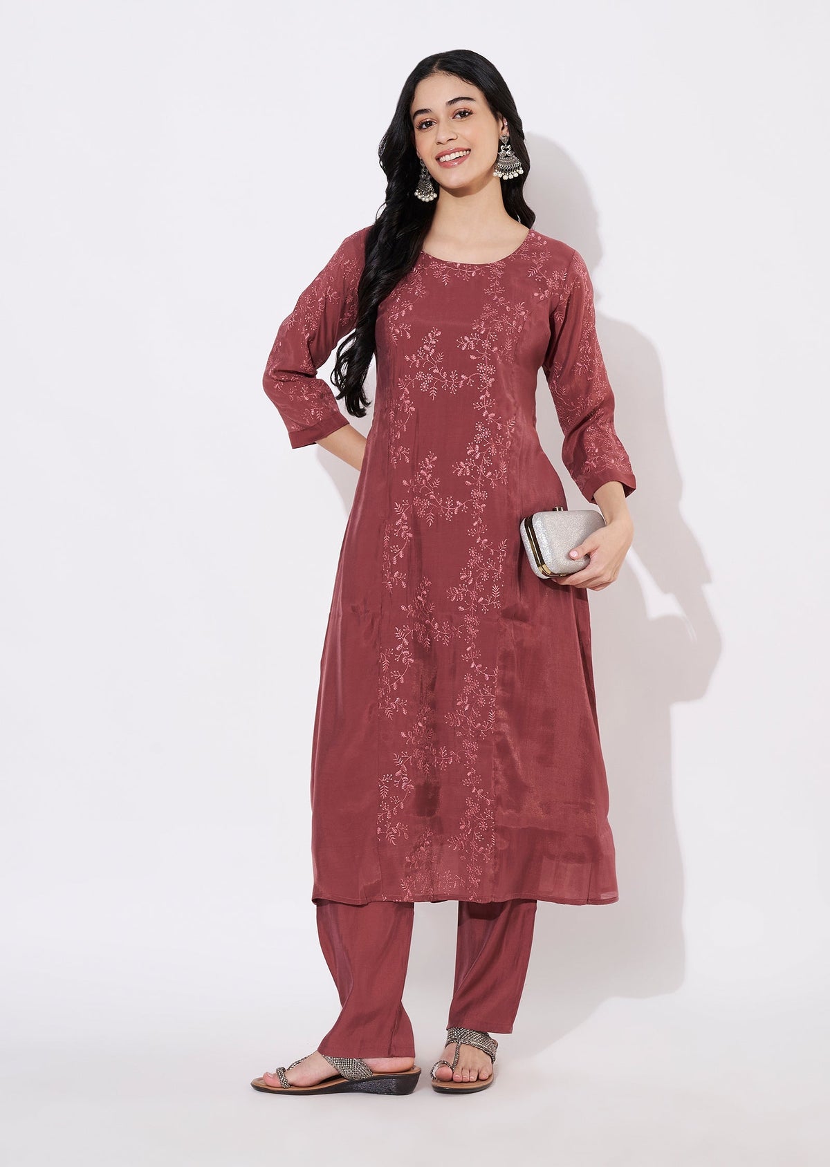 Dark Mauve Mul Chanderi Fusion wear kurti