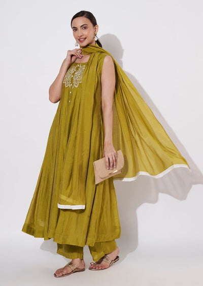 Mehndi Green Mul Chanderi Anarkali suit