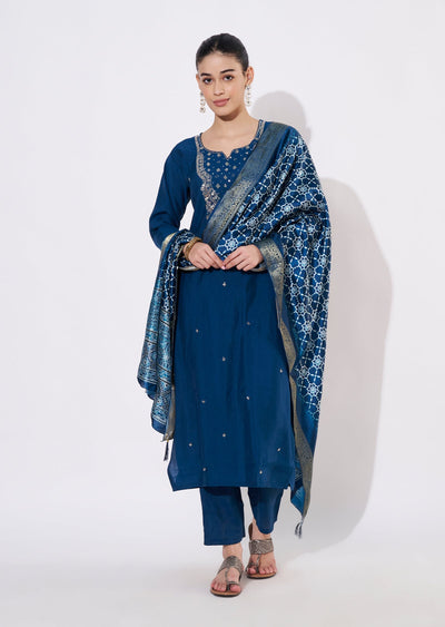 Teal Blue Russian Silk Straight cut suit