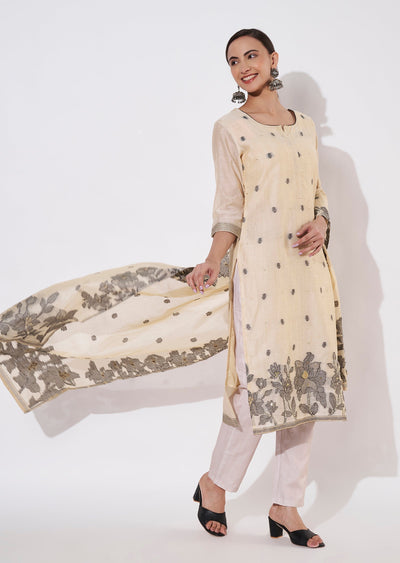 Beige Chanderi Straight cut suit