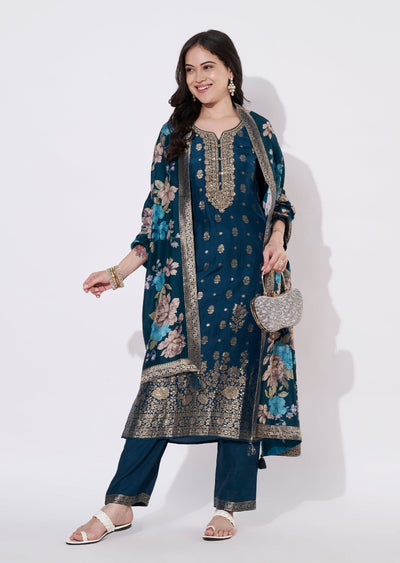 Teal Blue Silk Straight cut suit