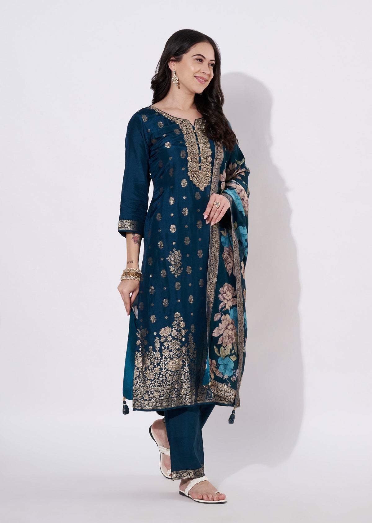 Teal Blue Silk Straight cut suit