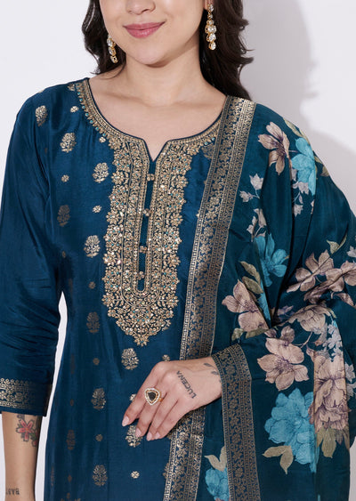 Teal Blue Silk Straight cut suit