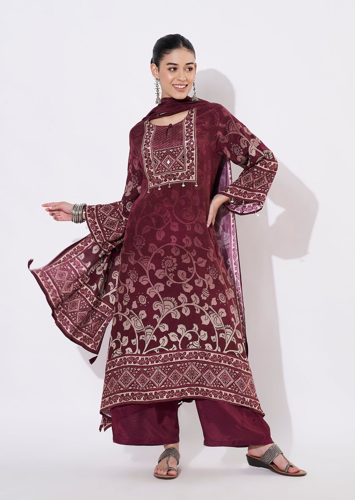 Maroon Muslin Straight cut suit