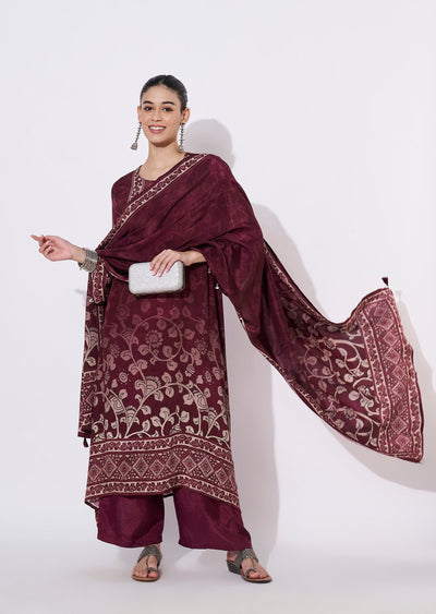 Maroon Muslin Straight cut suit