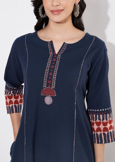 Navy Blue Cotton Fusion wear kurti