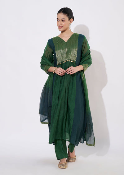 Mehndi Green Mul Chanderi Anarkali Suit