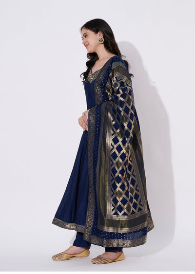 Navy Blue Silk Anarkali Suit