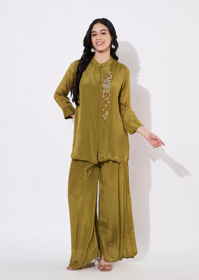 Olive Green Chinnon Fusion wear kurti