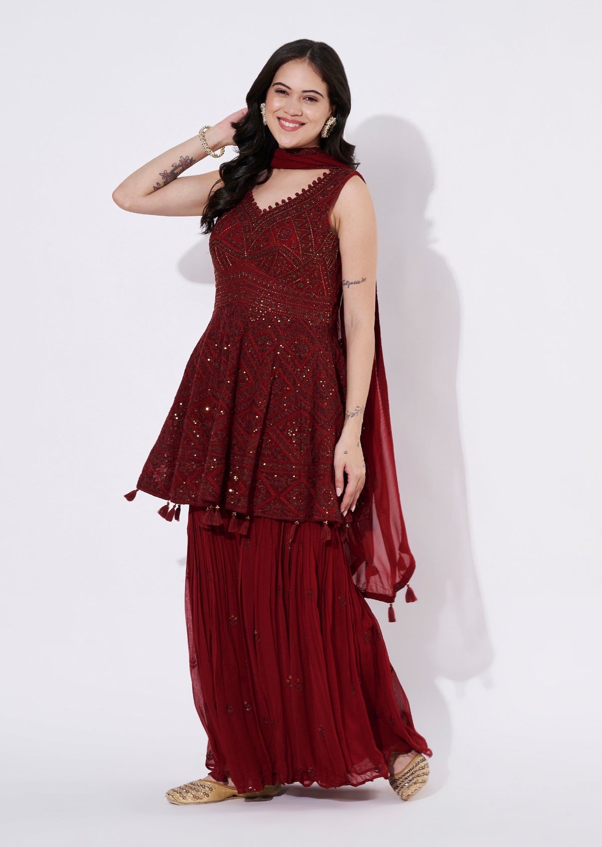 Maroon Georgette Sharara Set