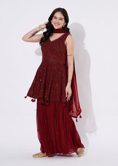Maroon Georgette Sharara Set