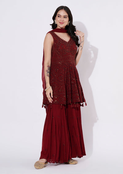 Maroon Georgette Sharara Set