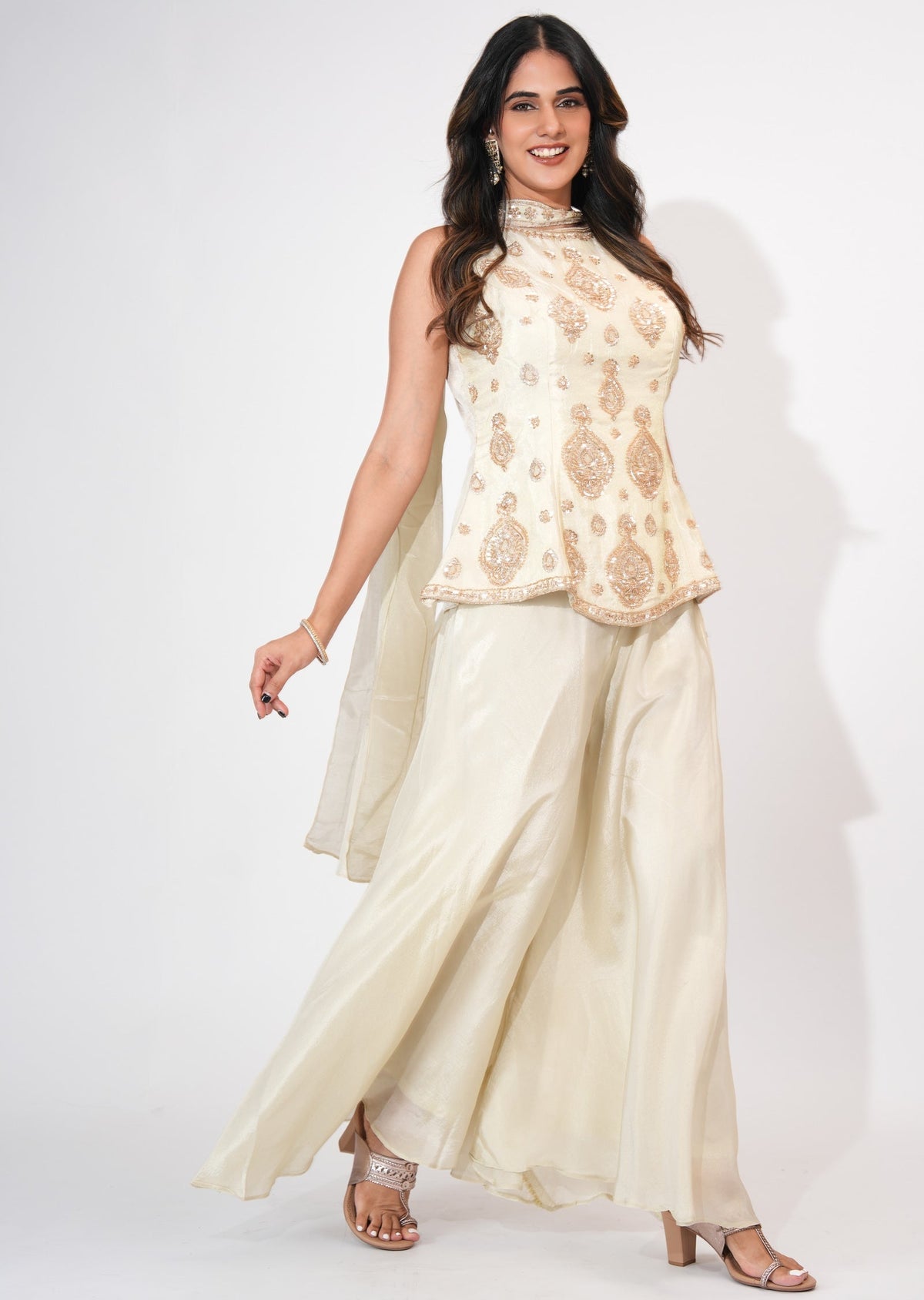Cream Tissue Sharara Set
