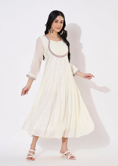 Cream Mul Chanderi Frock style kurti