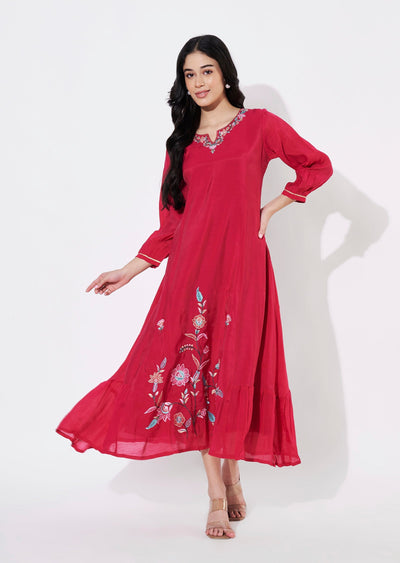 Rani Pink Mul Chanderi Frock style kurti