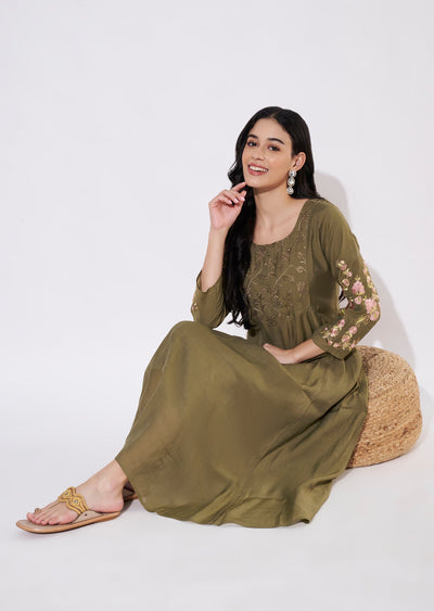 Olive Green Mul Chanderi Frock style kurti