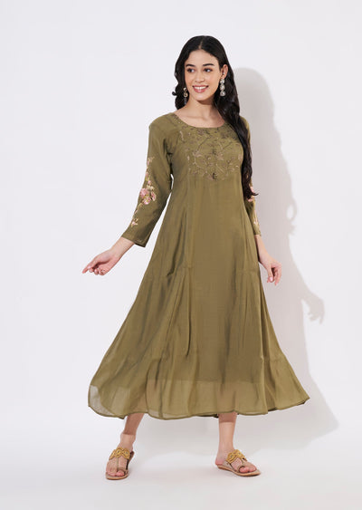 Olive Green Mul Chanderi Frock style kurti