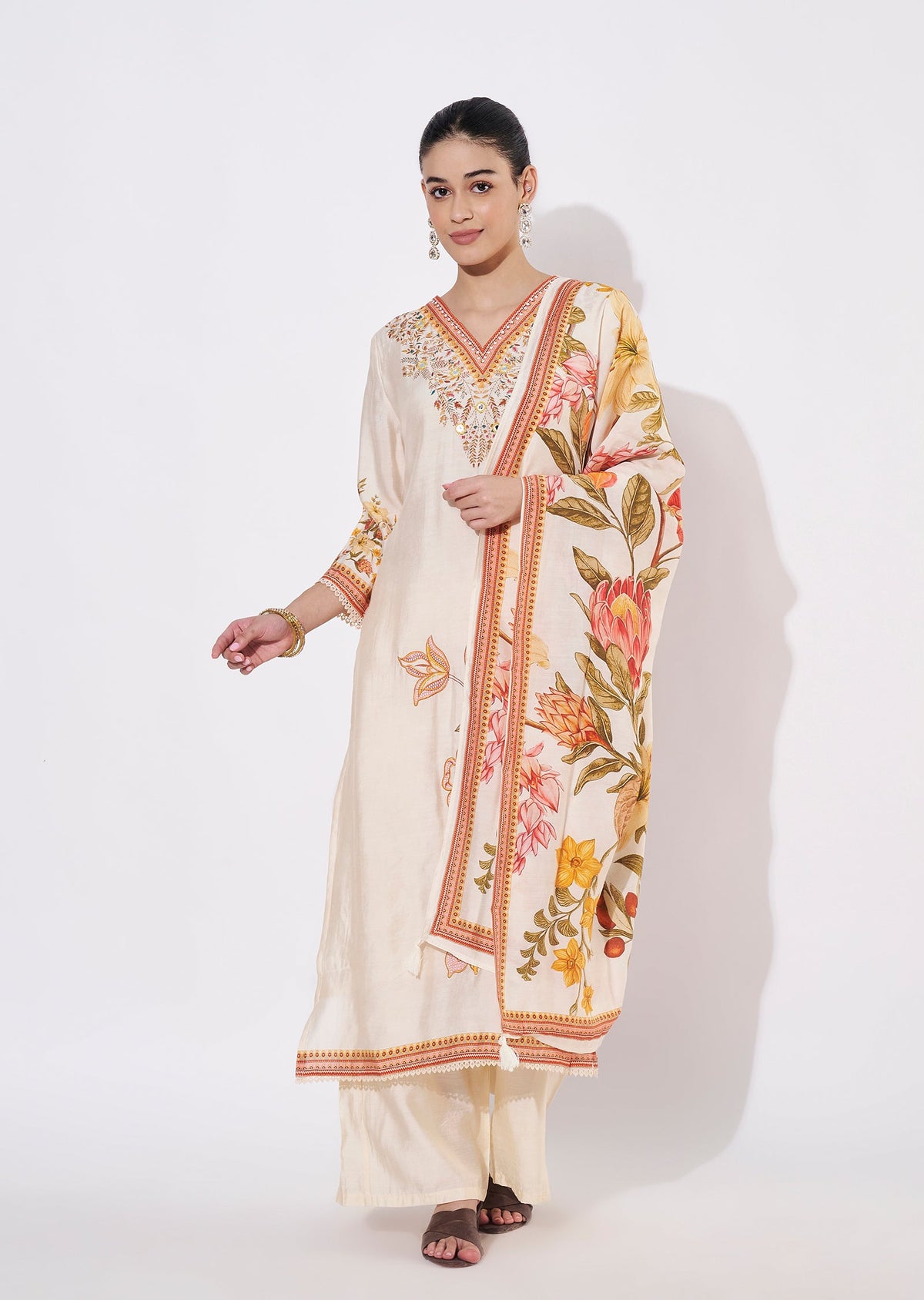 Beige Silk Straight cut suit