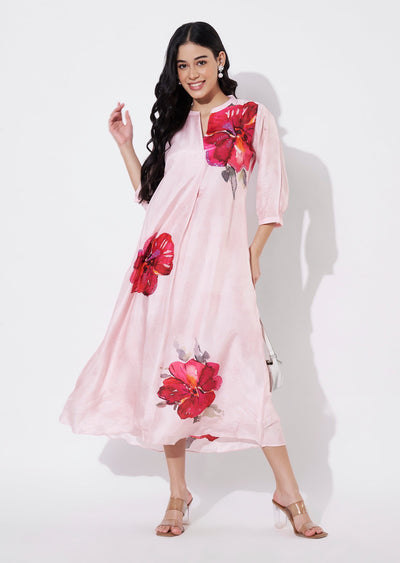 Baby Pink Dola Silk Frock style kurti
