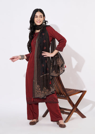 Maroon Silk Straight cut suit