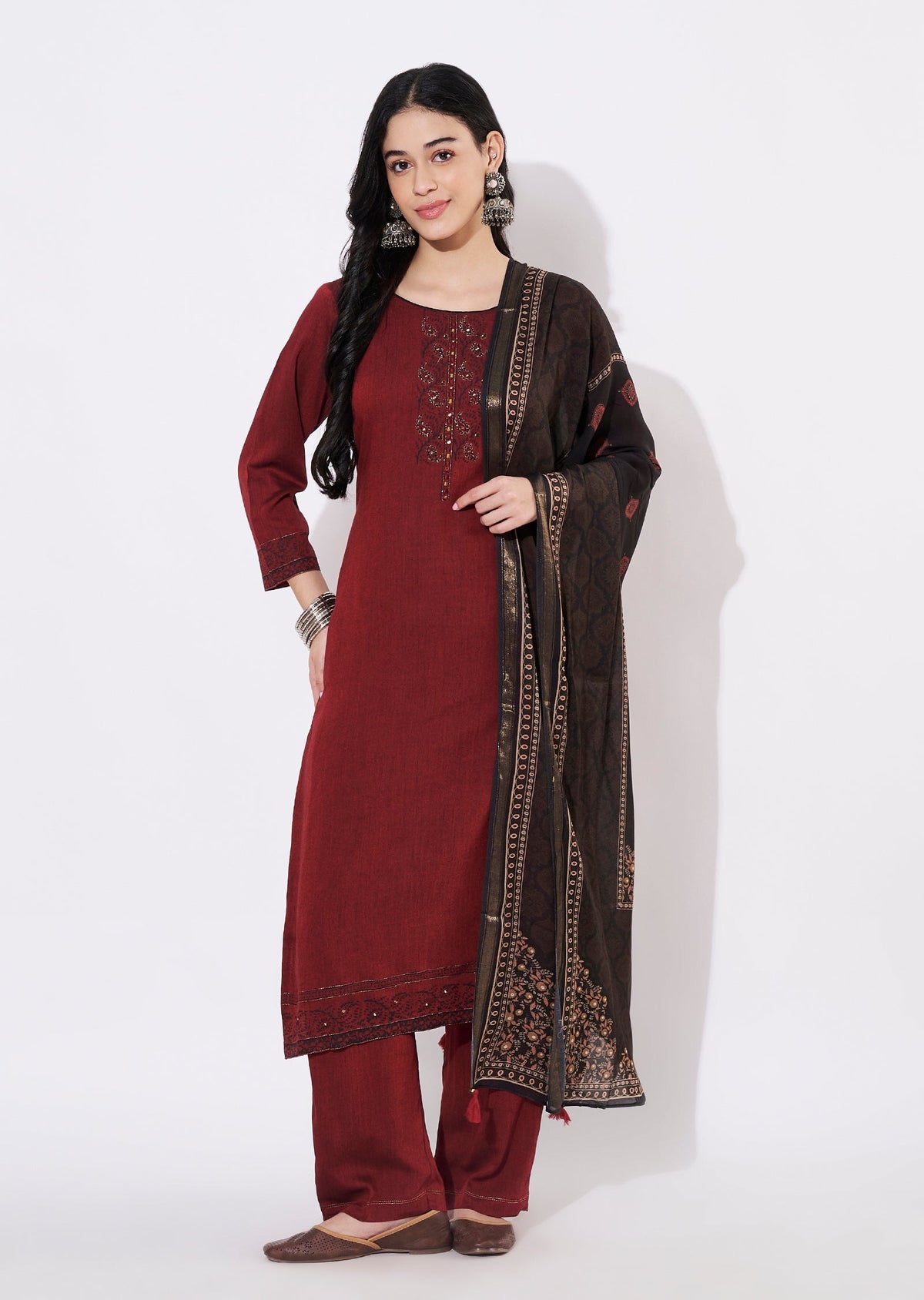 Maroon Silk Straight cut suit