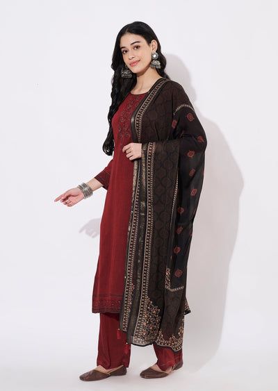 Maroon Silk Straight cut suit