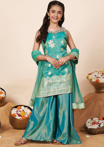 Sea Green Banaras Girls Gharara