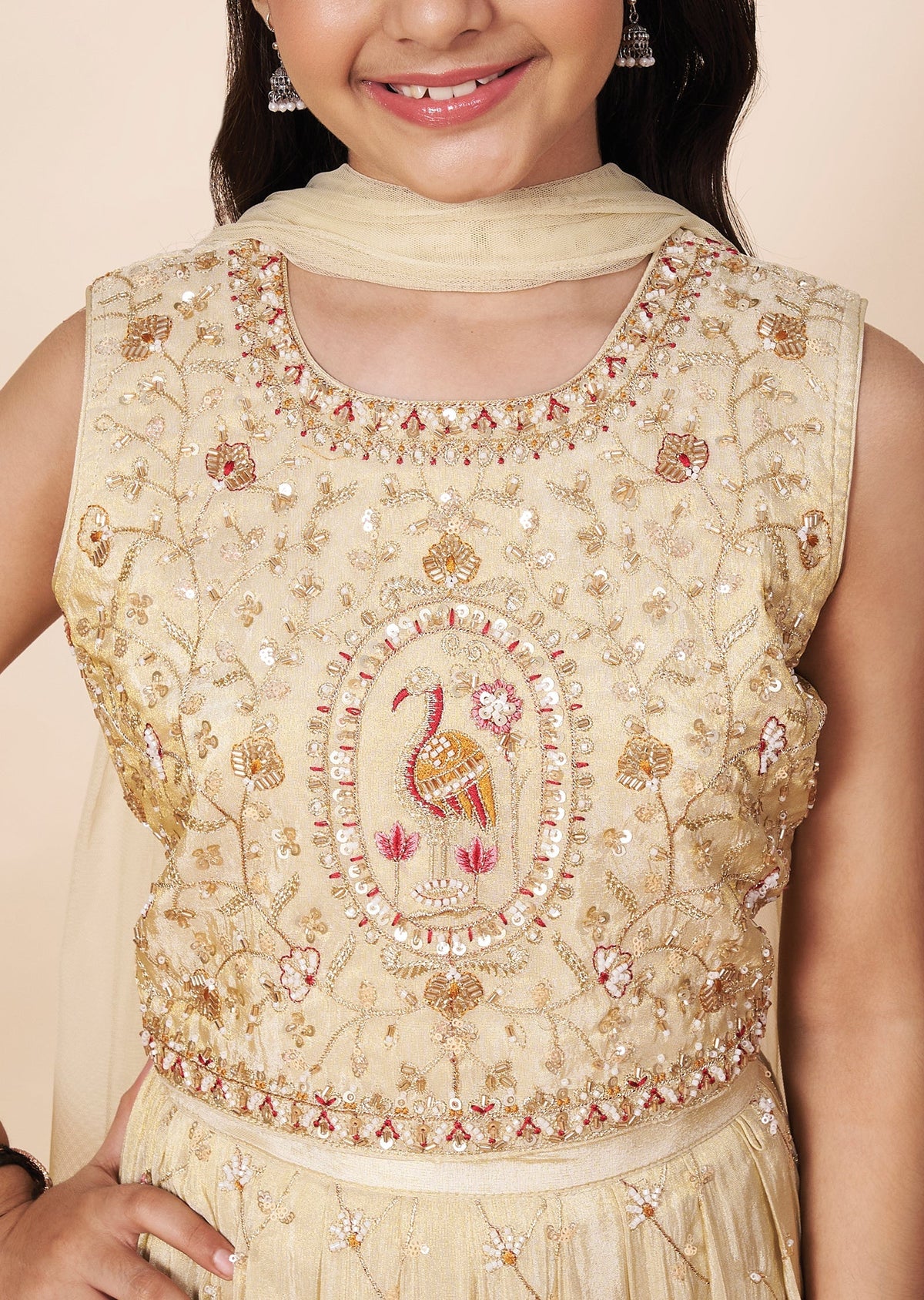 Beige Tissue Girls Ghagra Choli