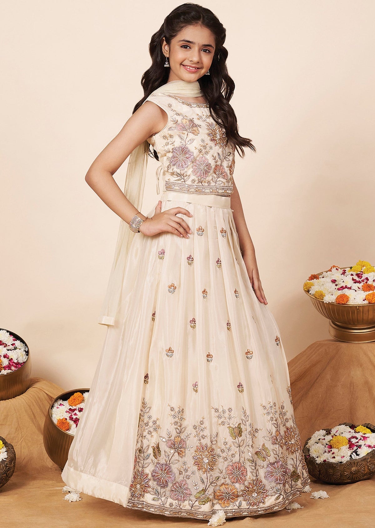 Beige Tissue Girls Ghagra Choli