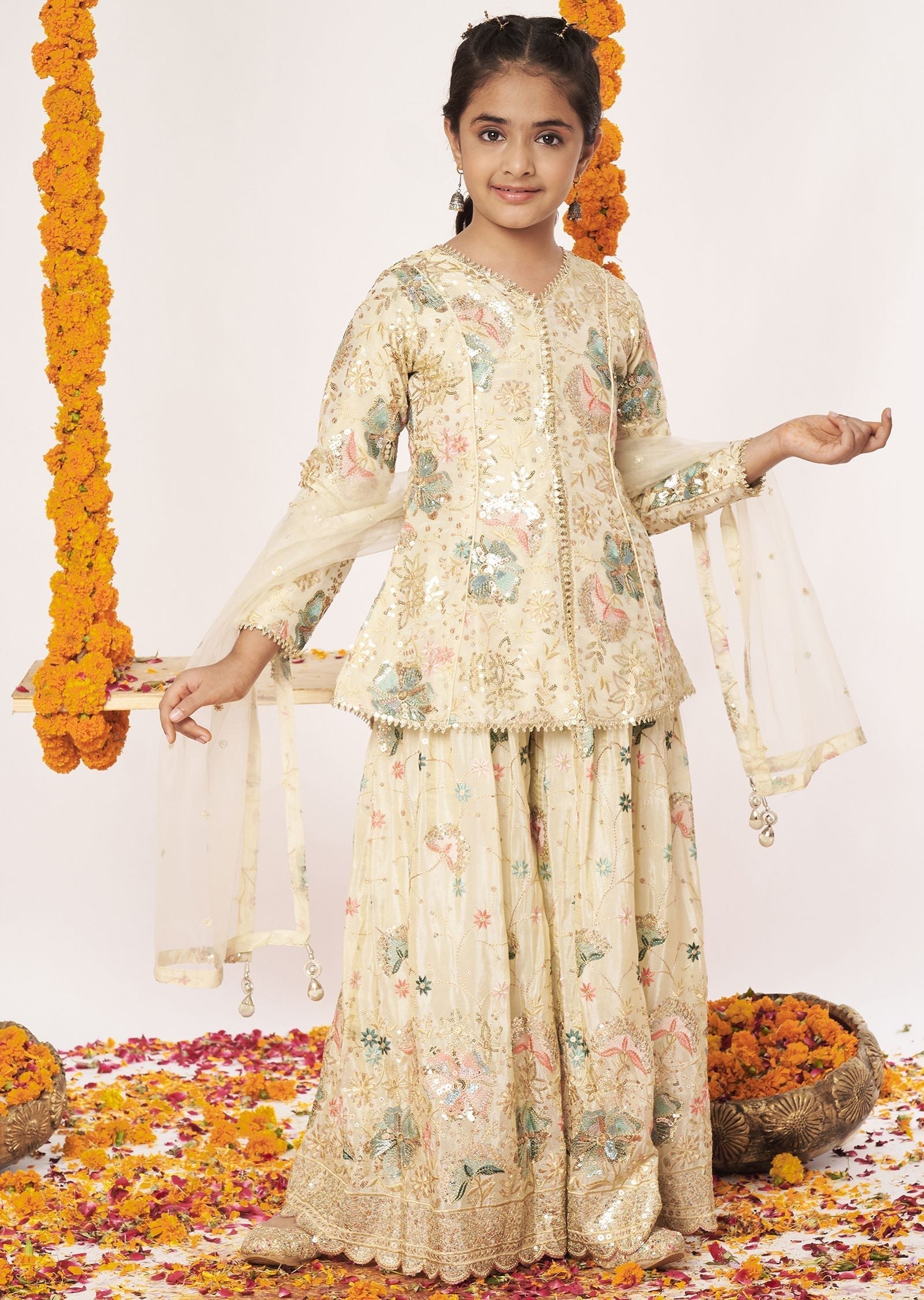 Biege Tissue Gharara Set