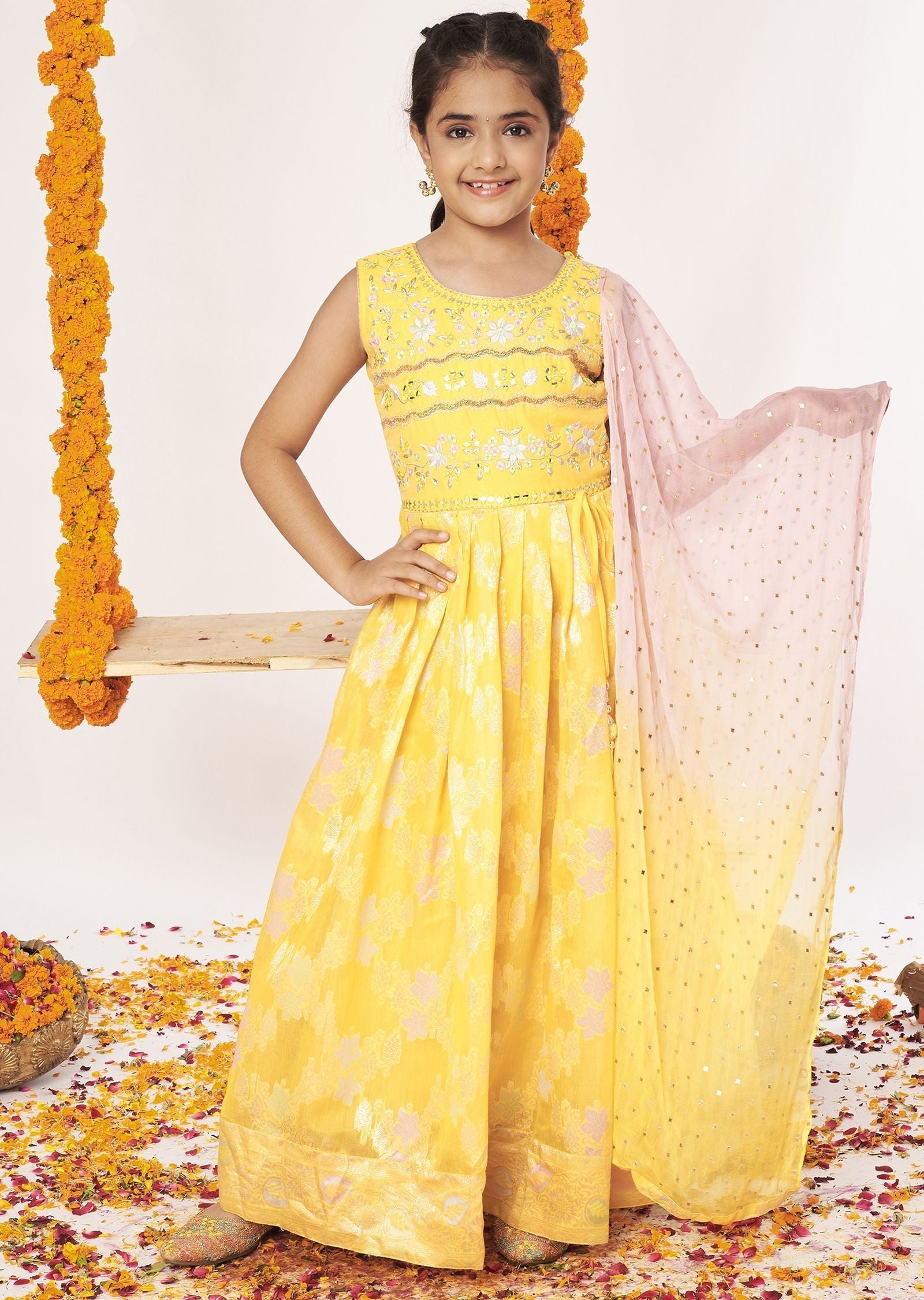 Yellow Chanderi Anarkali Set