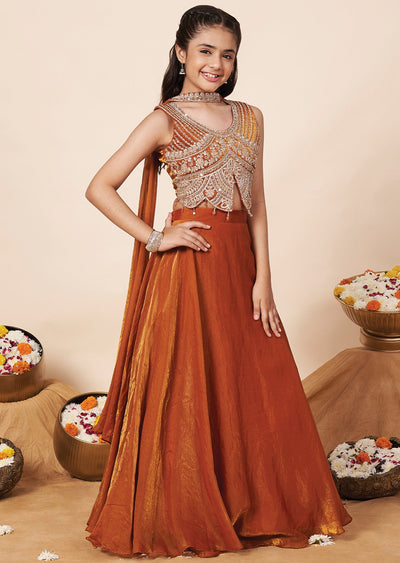 Dark Rust Tissue Girls Ghagra Choli